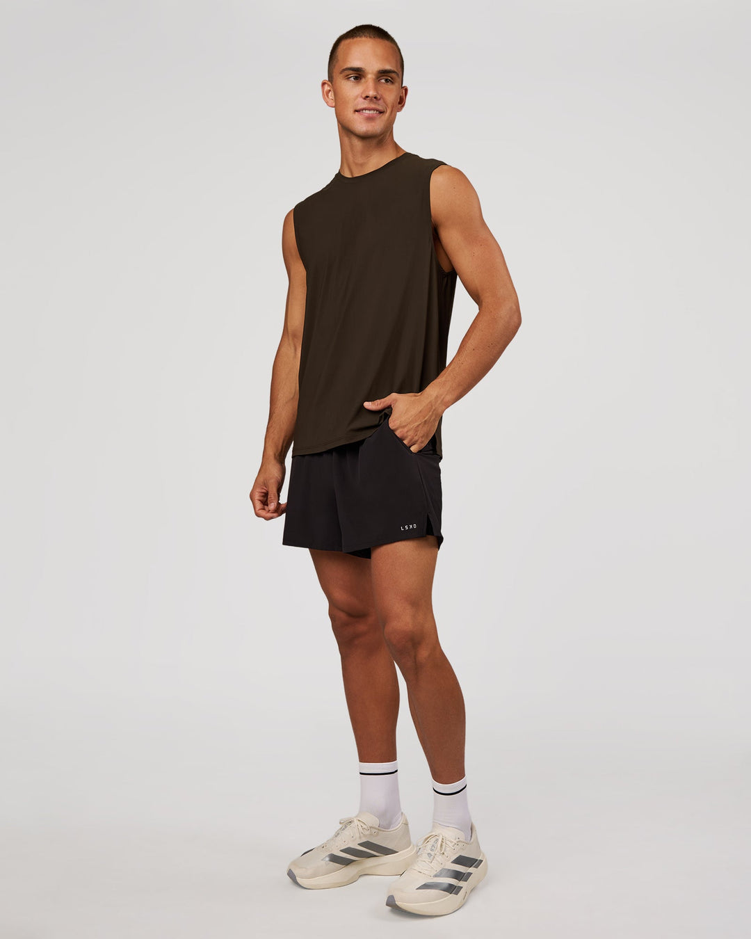 Man wearing Cadence Swift Muscle Tank - Ground Coffee | Model:Albert | Size:M - view 5