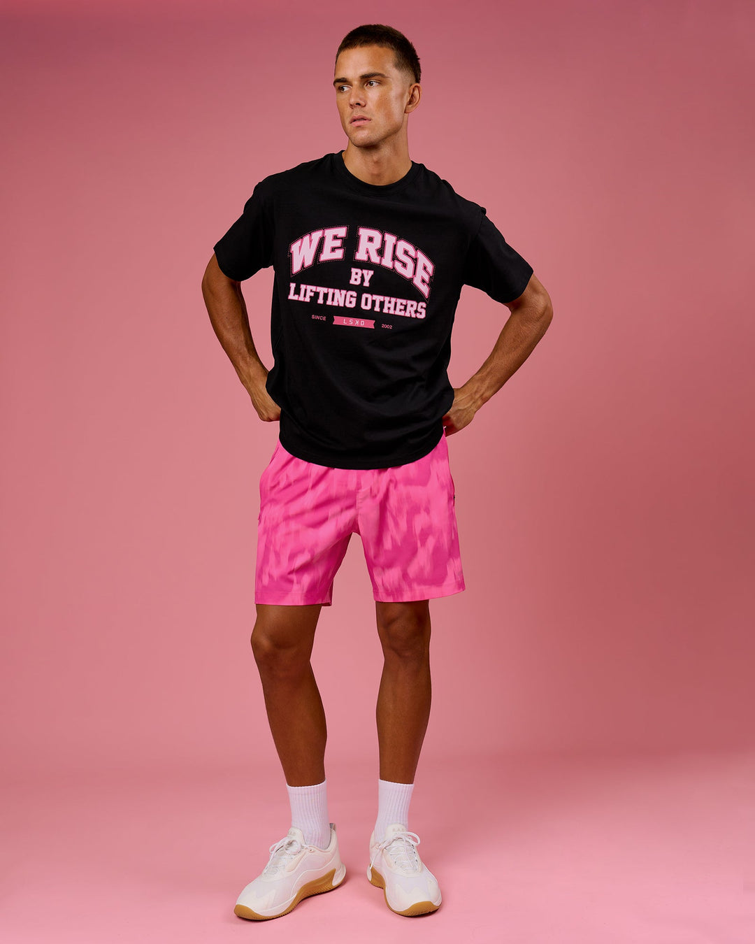 Man wearing BCAM FLXCotton Graphic Oversized Tee - Black | Model:Albert | Size:M - view 14