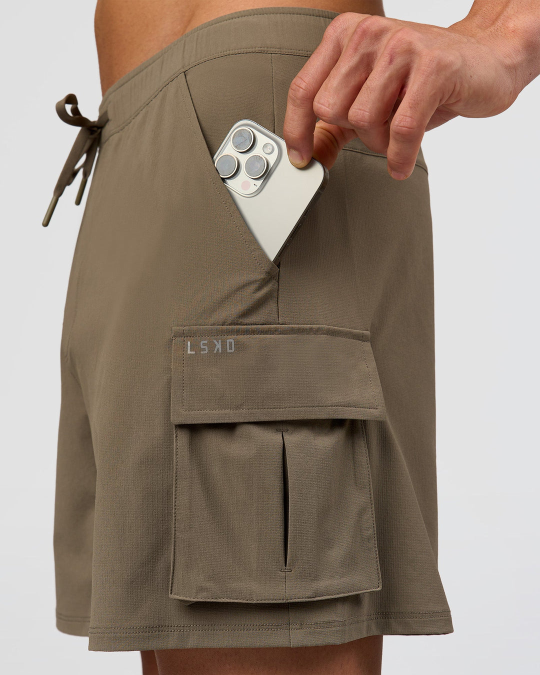 Man wearing Functional Cargo 6" Short - Walnut Grey | Model:Albert | Size:M - view 4