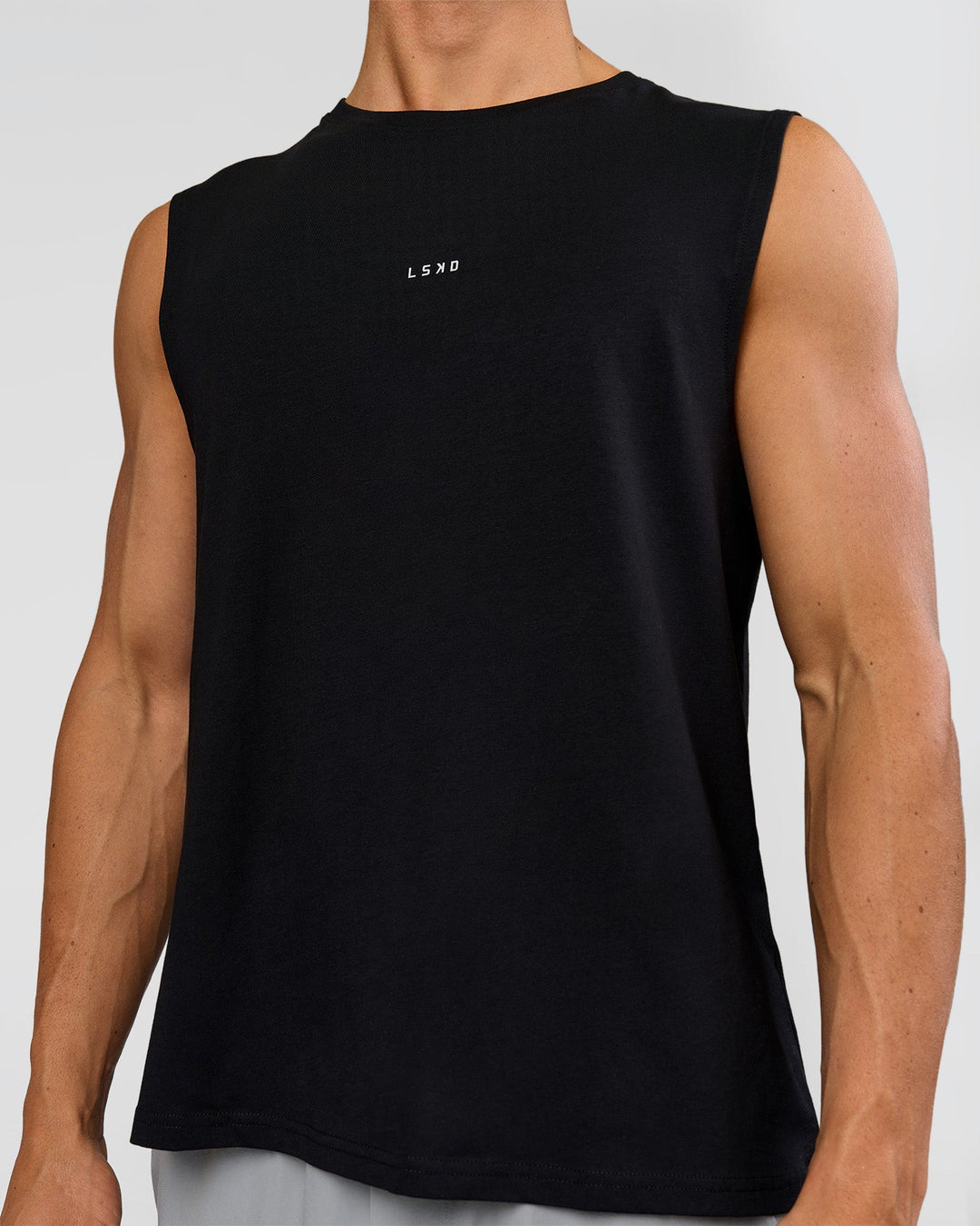 Man wearing Lifting Club FLXCotton Tank - Black-White | Model:Albert | Size:M - view 2