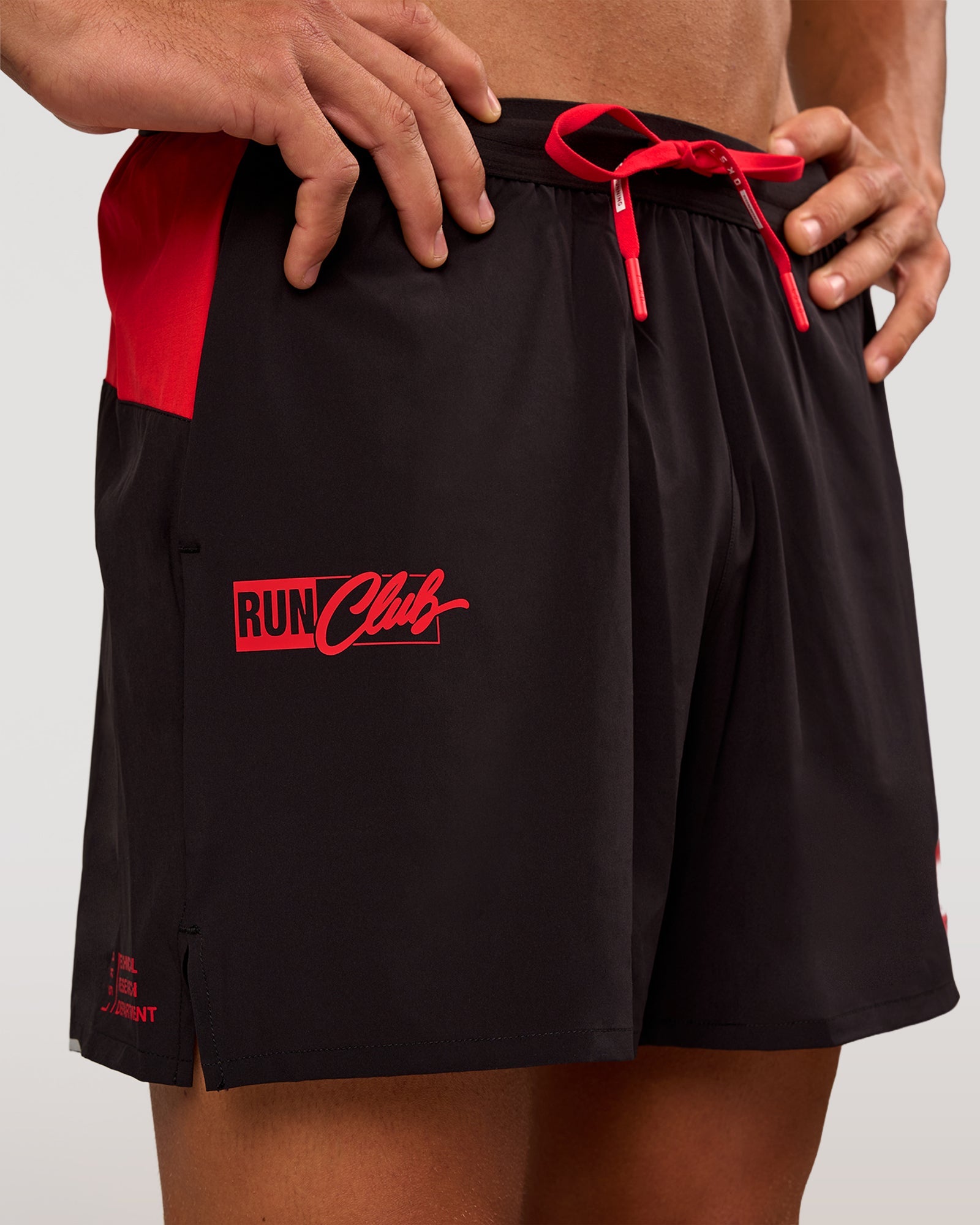 Man wearing Pace 5" Lined Running Short - Black-Scarlet | Model:Albert | Size:M