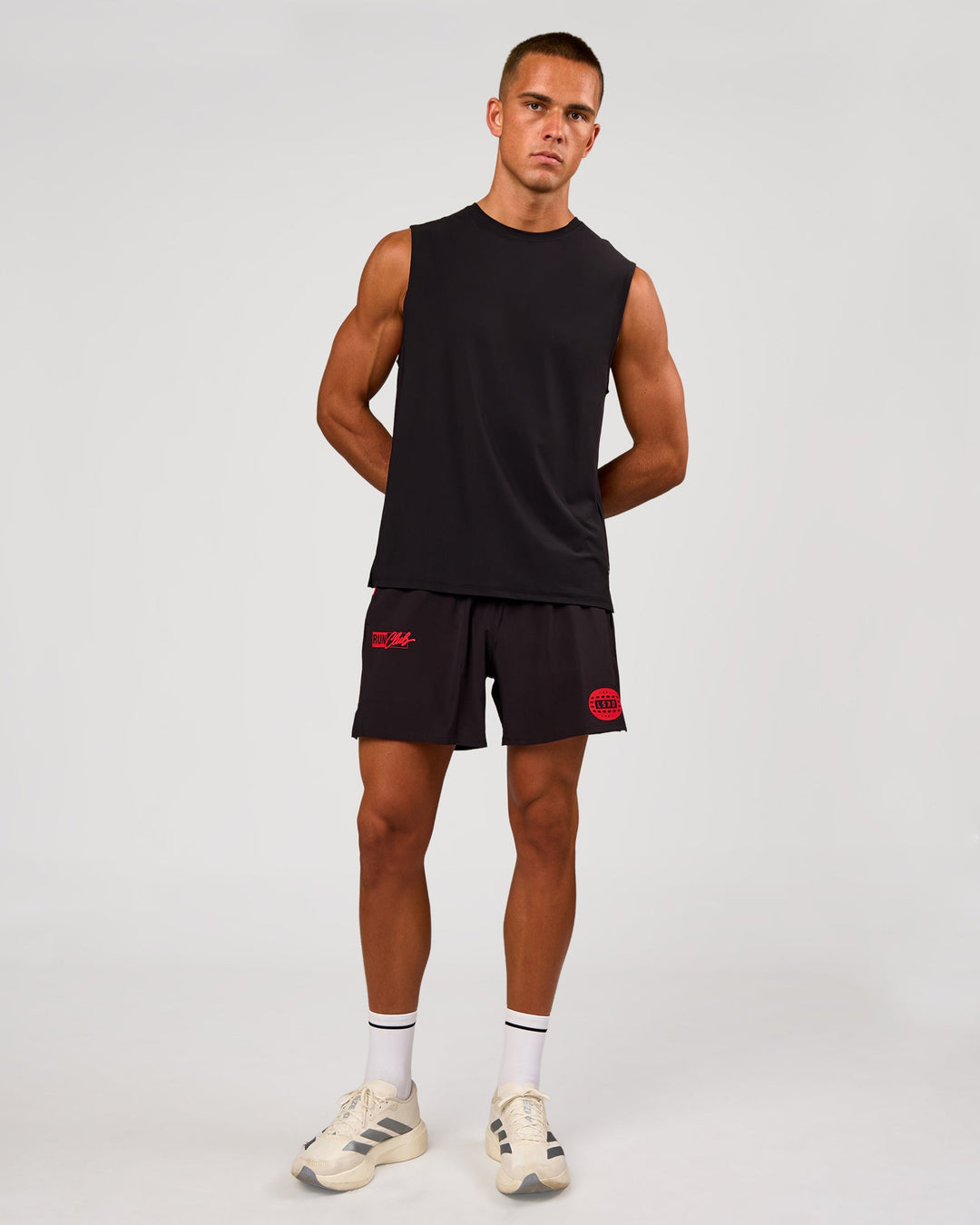 Man wearing Pace 5" Lined Running Short - Black-Scarlet | Model:Albert | Size:M - view 6