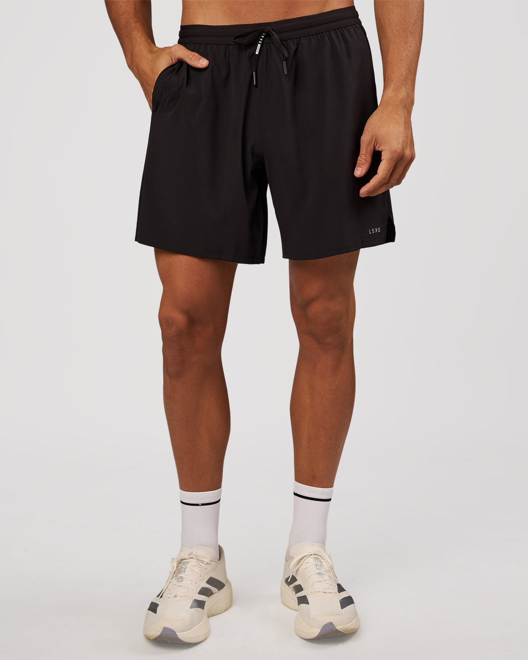 Man wearing Pace 7" Lined Running Short - Black-Reflective | Model:Albert | Size:M - view 6