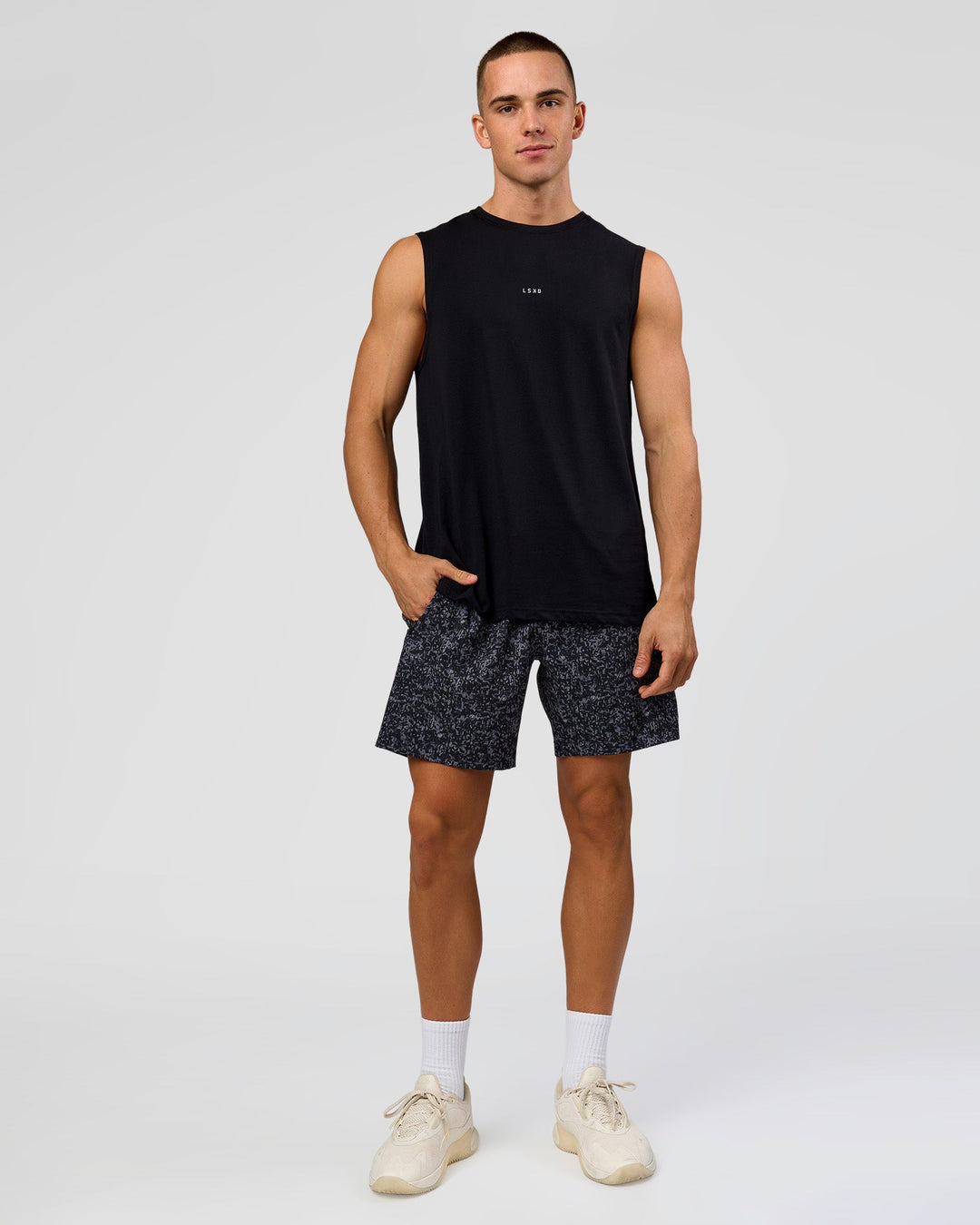 Man wearing Rep 7" Performance Short - Energy Print Black | Model:Albert | Size:M - view 5