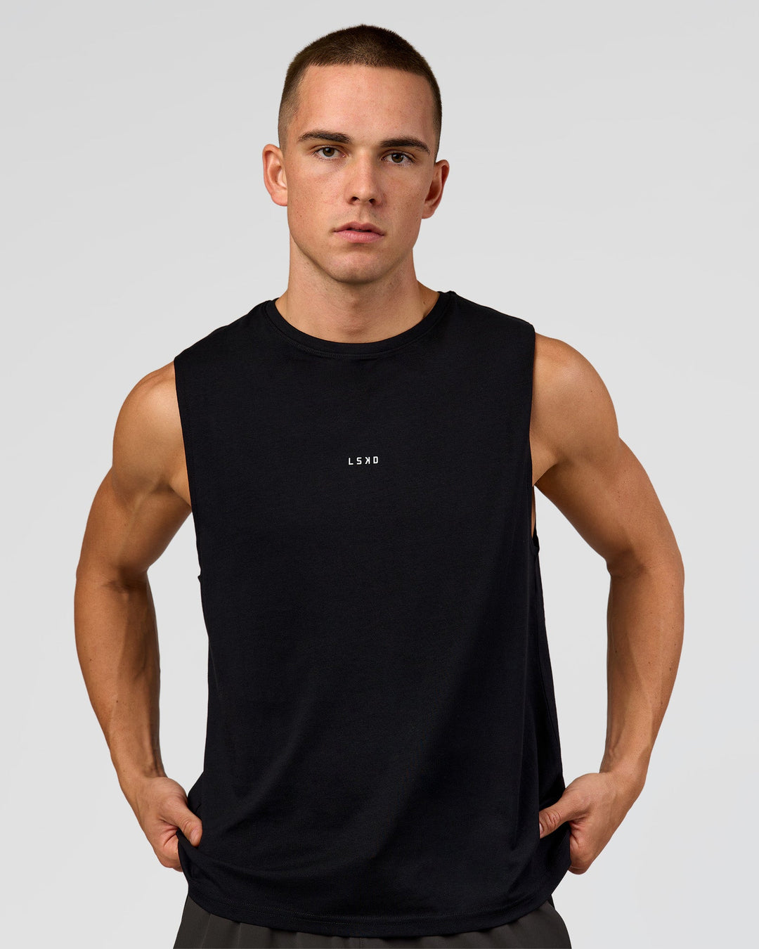 Man wearing Run Club FLXCotton Tank - Black-White | Model:Albert | Size:M