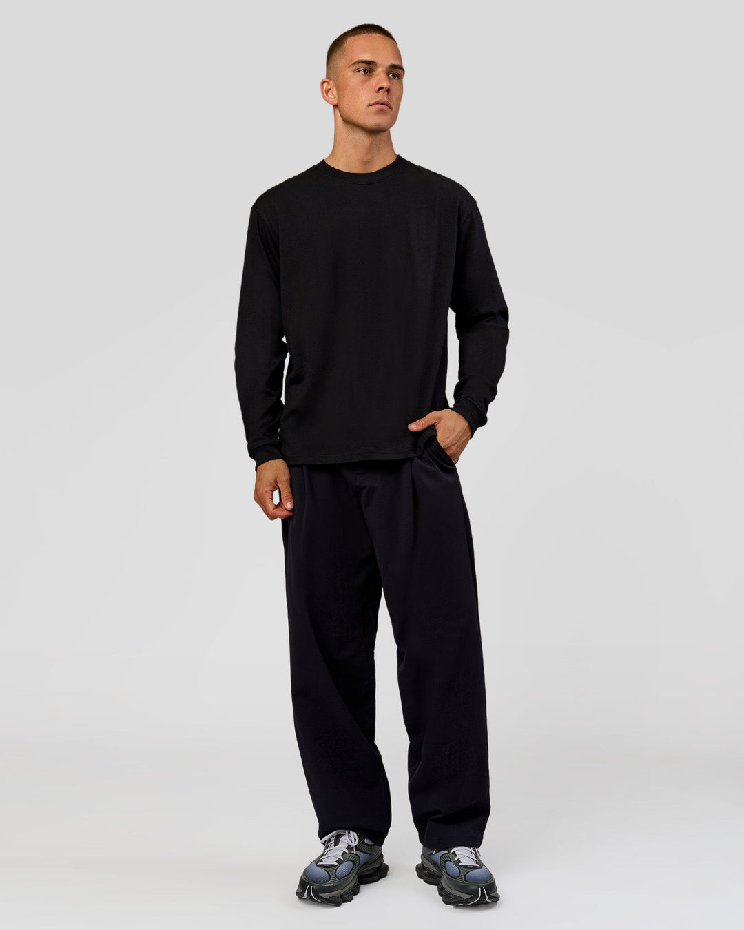 Man wearing Tonal Legacy Heavyweight Oversized LS Tee - Black-Black | Model:Albert | Size:M - view 4