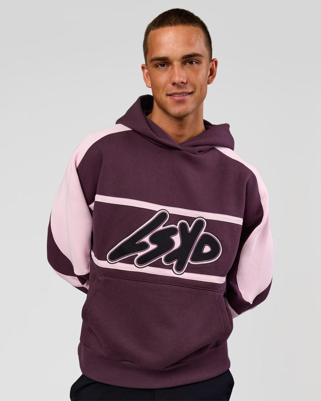 Man wearing Vibe Oversized Hoodie - Midnight Plum-Marshmallow | Model:Albert | Size:M - view 2