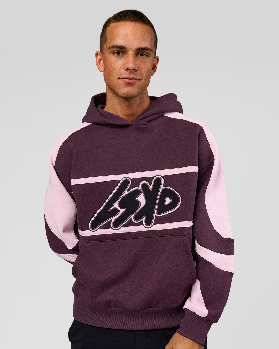 Man wearing Vibe Oversized Hoodie - Midnight Plum-Marshmallow | Model:Albert | Size:M - view 11