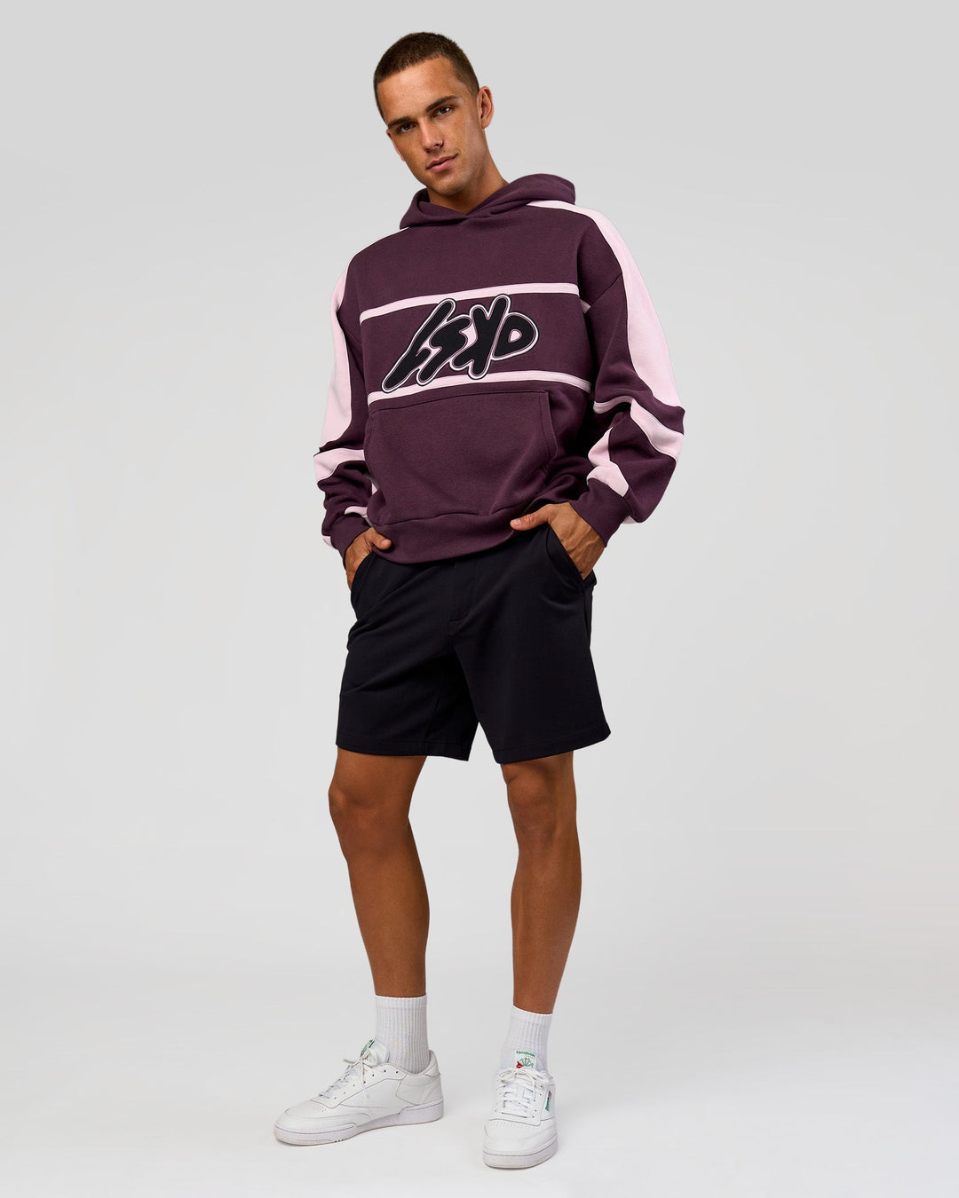 Man wearing Vibe Oversized Hoodie - Midnight Plum-Marshmallow | Model:Albert | Size:M - view 13