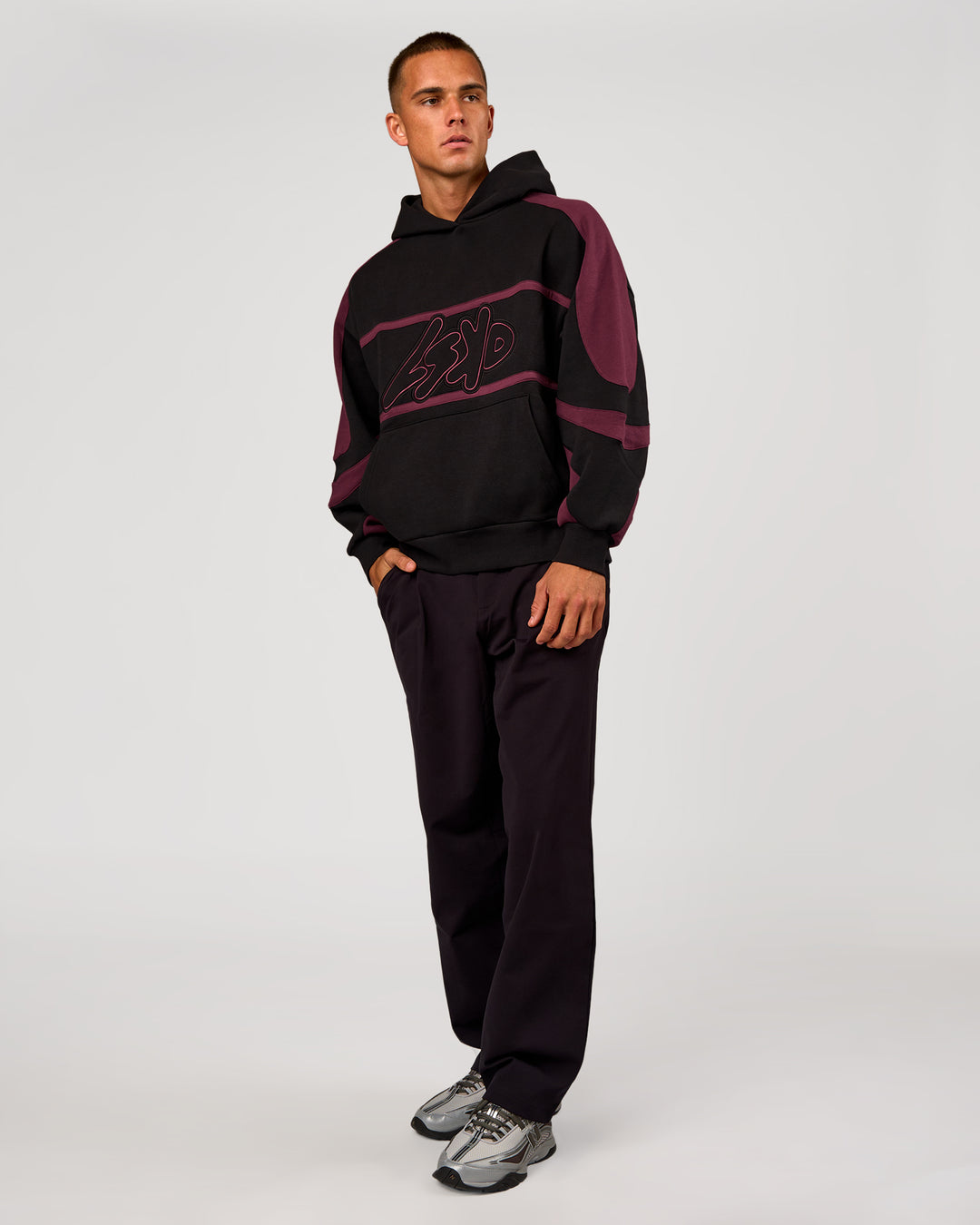 Man wearing Vibe Oversized Hoodie - Black-Cherry Lacquer | Model:Albert | Size:M - view 4
