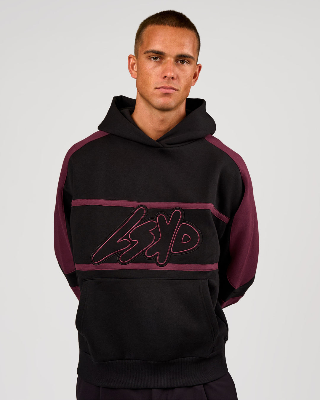 Man wearing Vibe Oversized Hoodie - Black-Cherry Lacquer | Model:Albert | Size:M - view 8