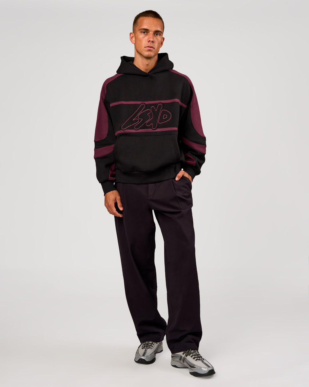 Man wearing Vibe Oversized Hoodie - Black-Cherry Lacquer | Model:Albert | Size:M - view 10