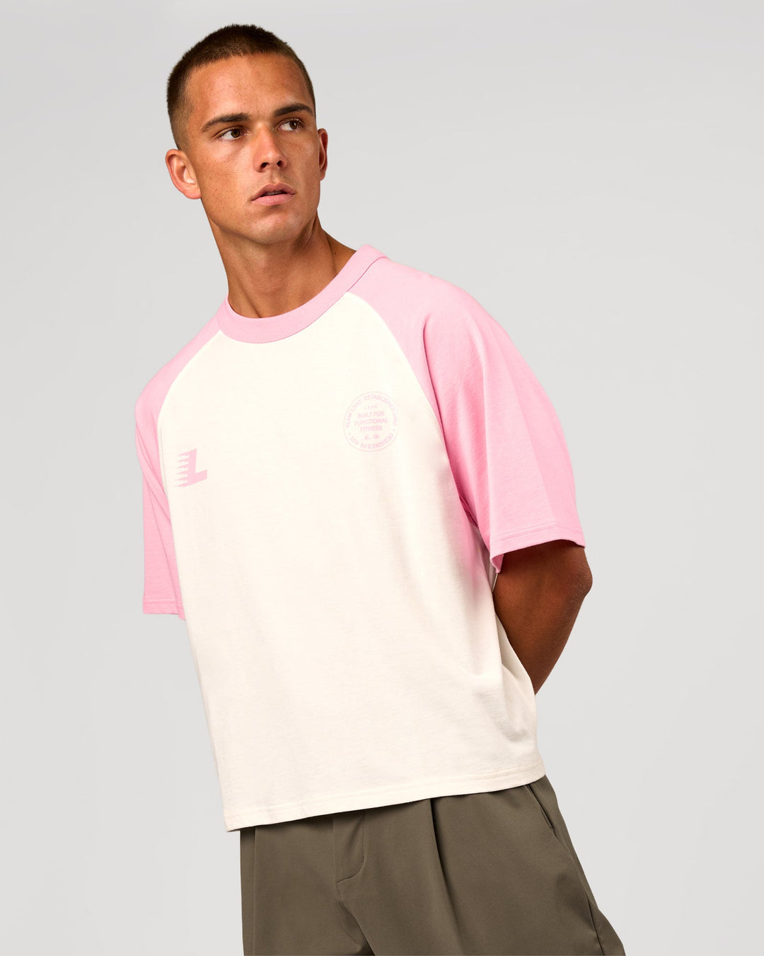 Man wearing Victory Heavyweight Boxed Raglan Tee - Off White-Pink Rose | Model:Albert | Size:M - view 9