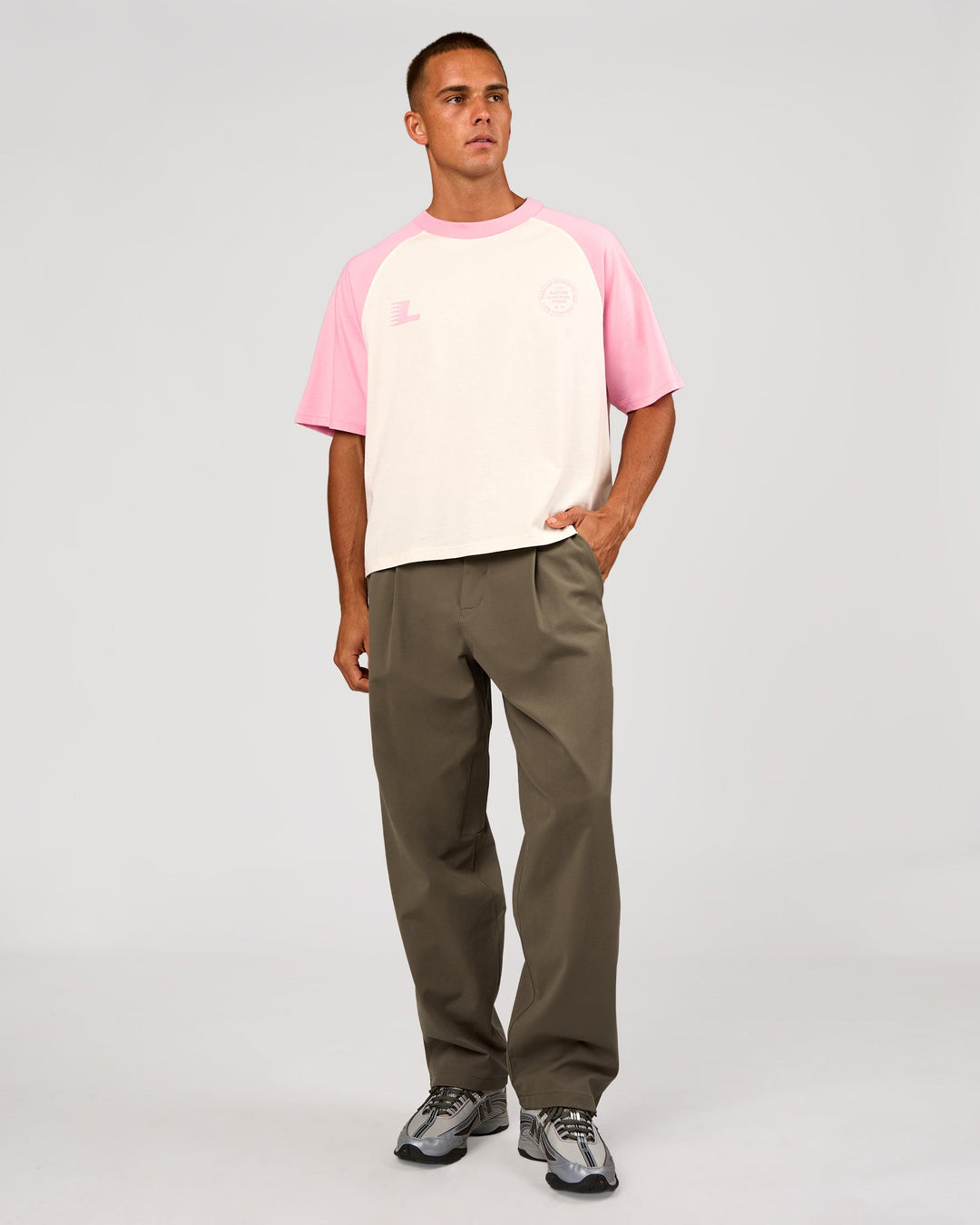 Man wearing Victory Heavyweight Boxed Raglan Tee - Off White-Pink Rose | Model:Albert | Size:M - view 11