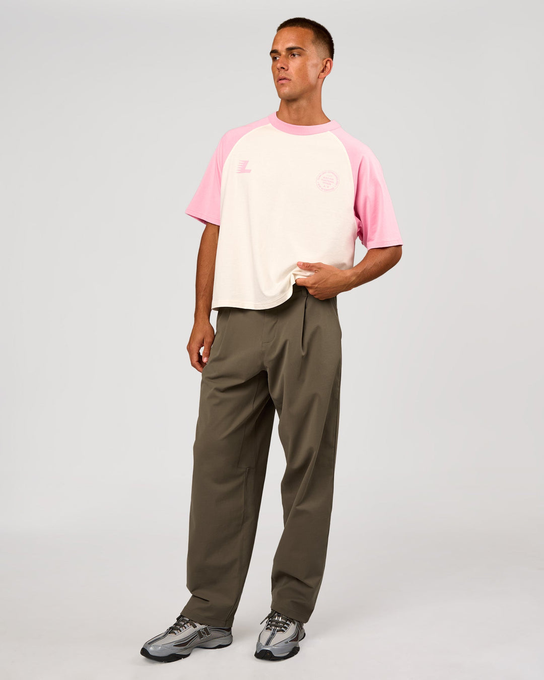 Man wearing Victory Heavyweight Boxed Raglan Tee - Off White-Pink Rose | Model:Albert | Size:M - view 13