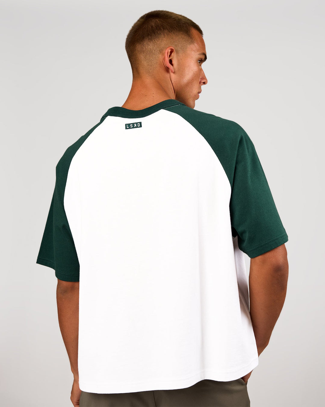 Man wearing Victory Heavyweight Boxed Raglan Tee - White-Midnight Green | Model:Albert | Size:M - view 5