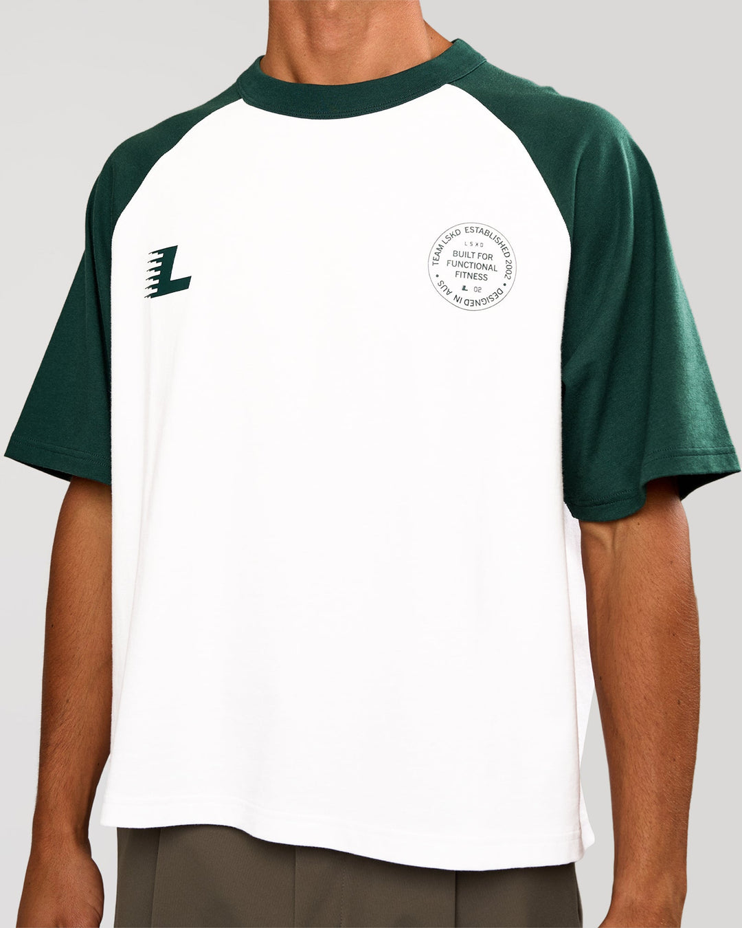 Man wearing Victory Heavyweight Boxed Raglan Tee - White-Midnight Green | Model:Albert | Size:M - view 8