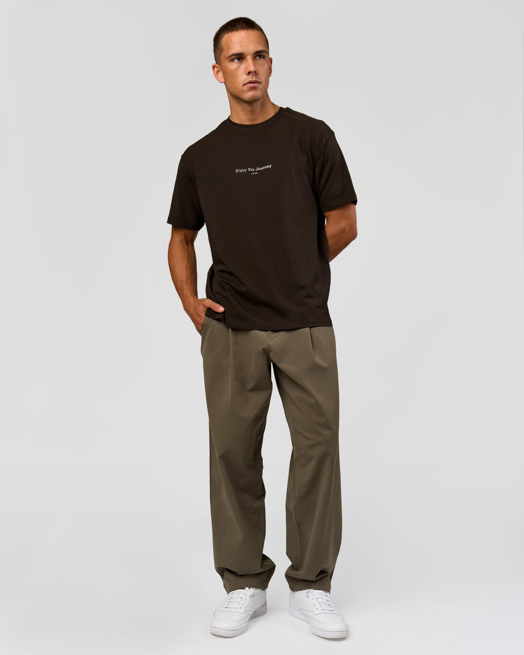 Man wearing VS1 Enjoy The Journey FLXCotton Oversize Tee - Ground Coffee | Model:Albert | Size:M - view 9
