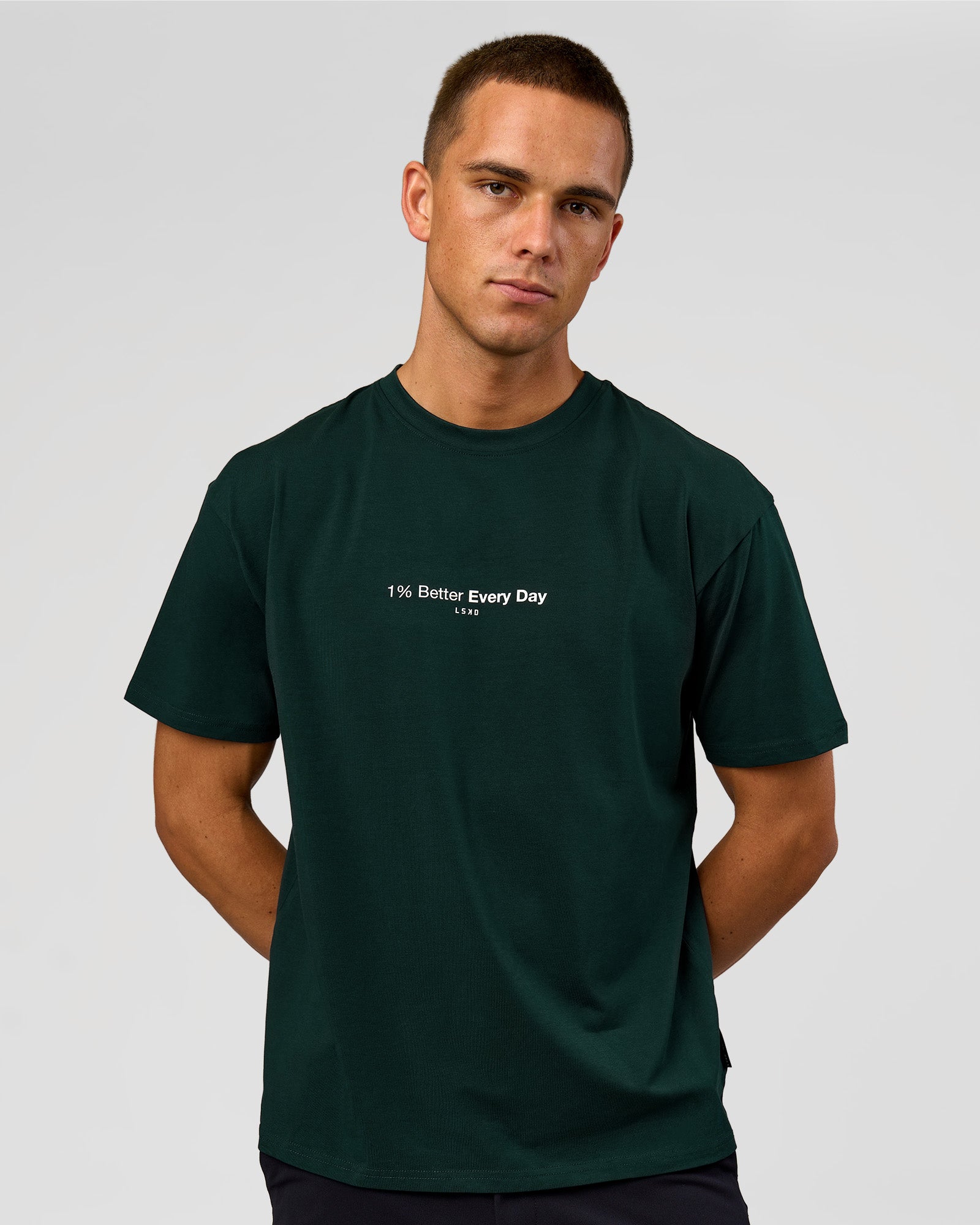 Man wearing VS6 1% Better FLXCotton Oversize Tee - Midnight Green | Model:Albert | Size:M