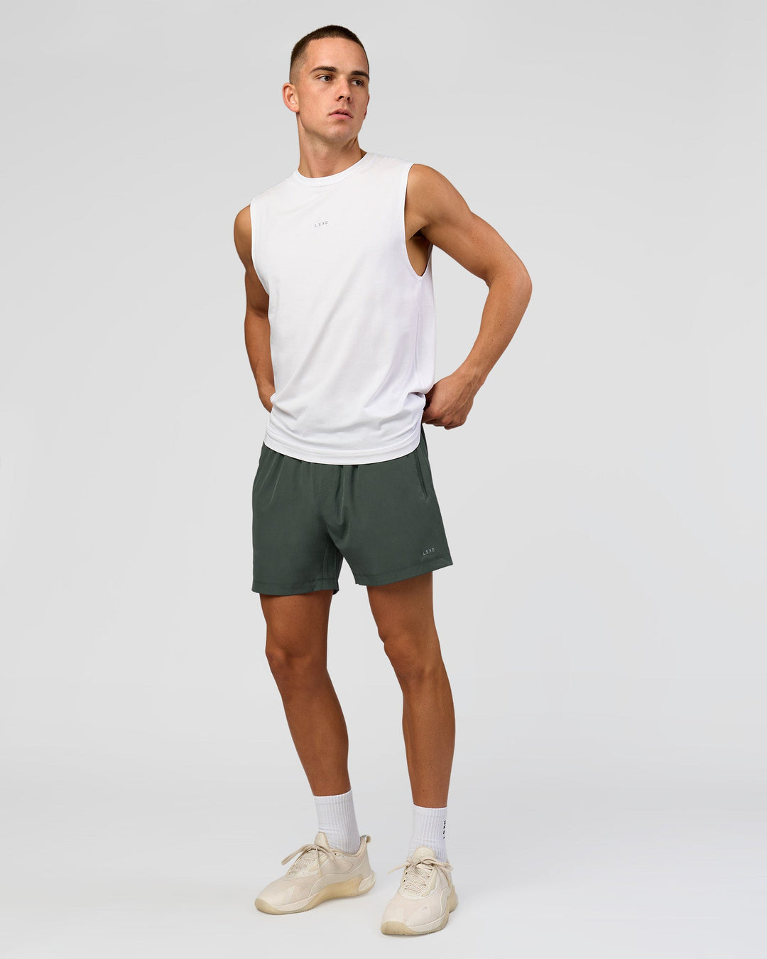 Man wearing Base FLXCotton Tank - White | Model:Base | Size:M - view 4