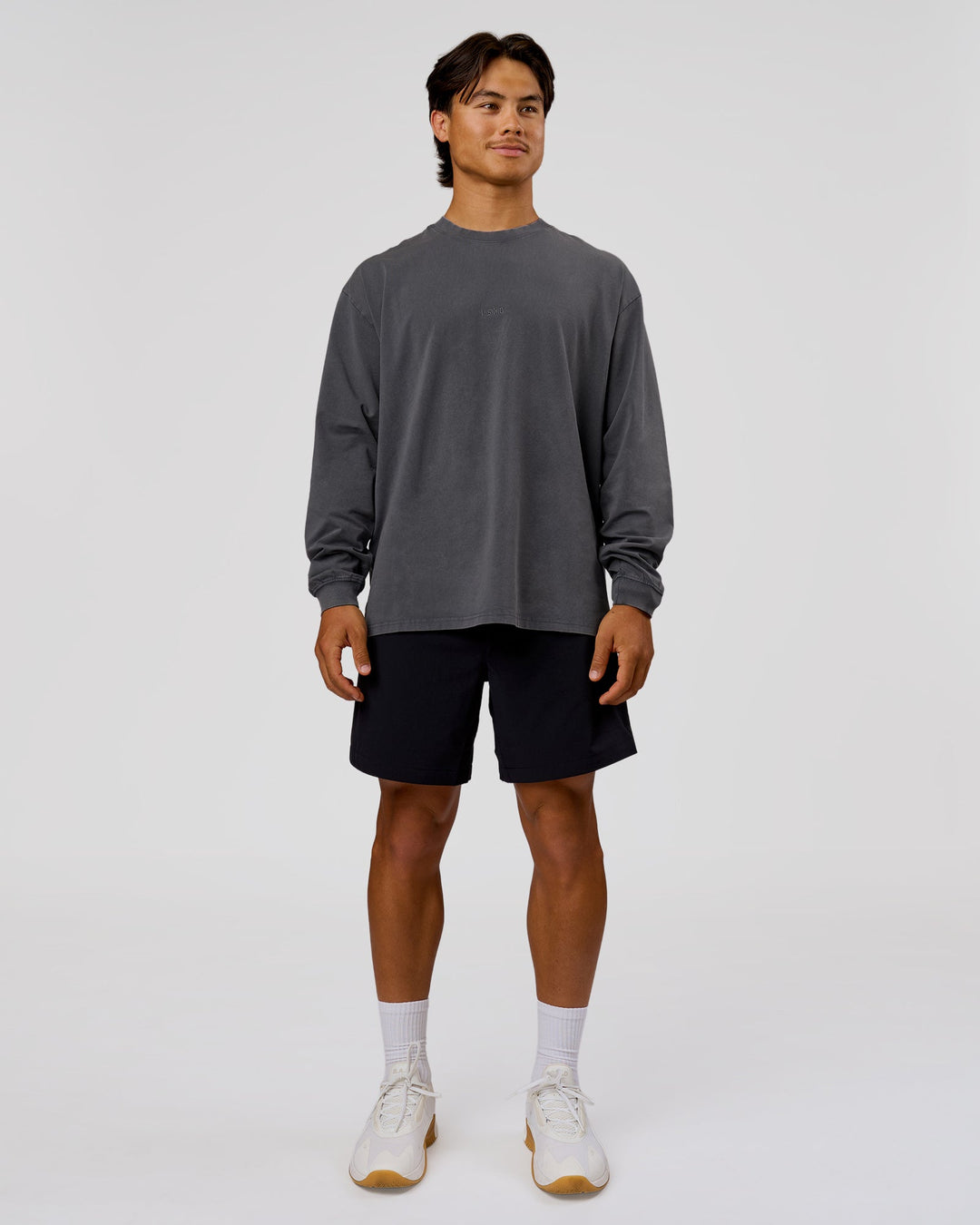 Man wearing Classic Heavyweight FLXCotton Oversized LS Tee - Dark Storm Washed | Model:George | Size:M - view 5