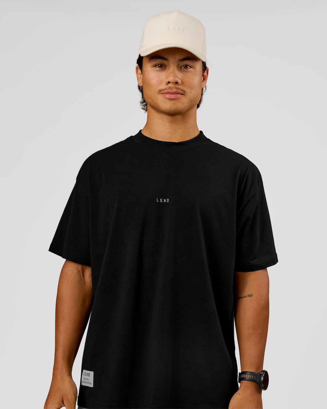 Man wearing VS26 MFBS FLXCotton Oversize Tee - Black-White | Model:George | Size:M - view 5