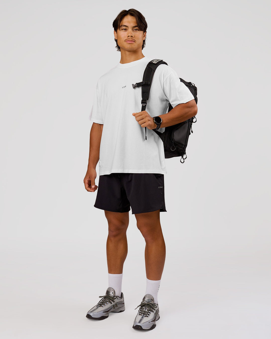 Man wearing VS26 MFBS FLXCotton Oversize Tee - White-Black | Model:George | Size:M - view 14