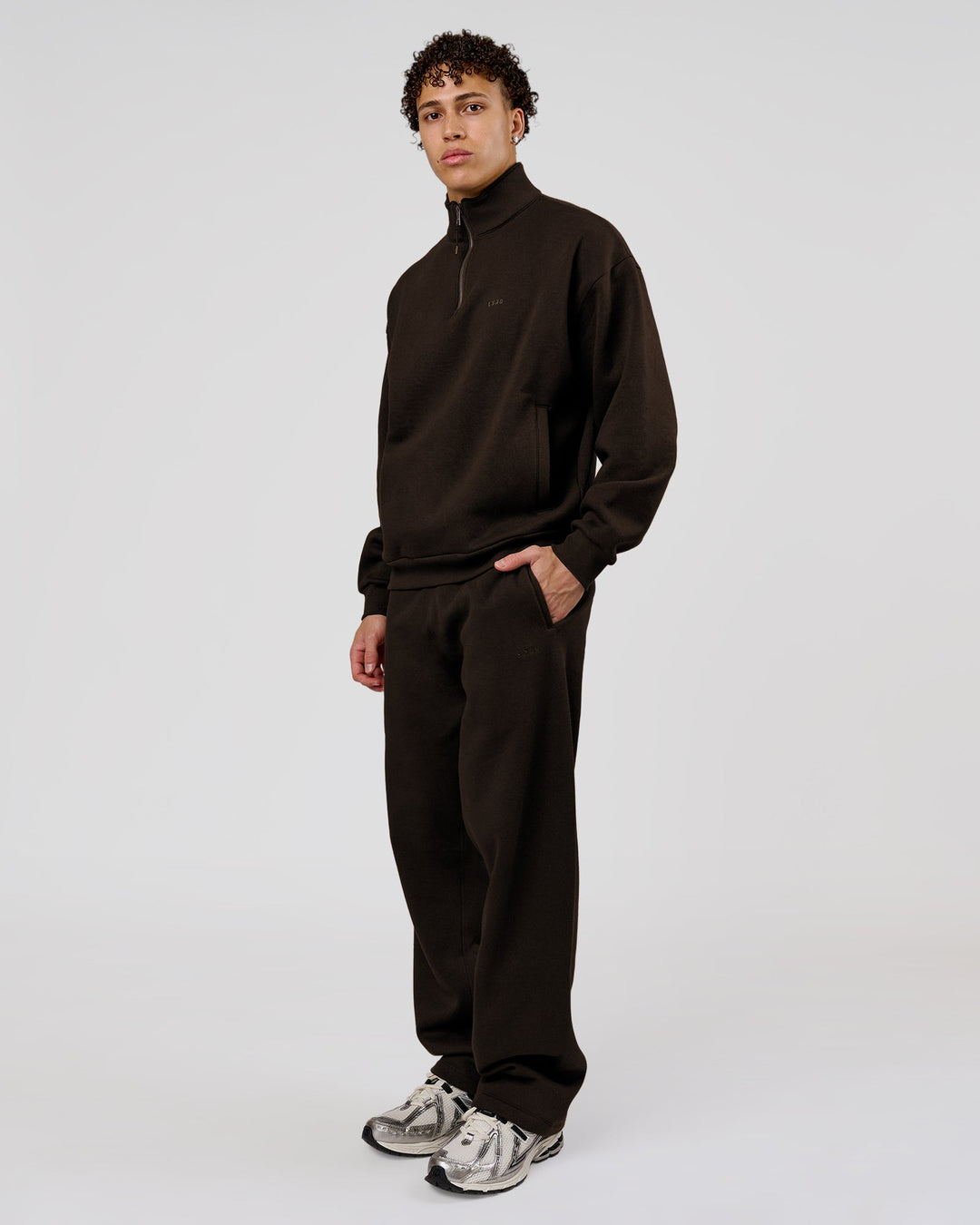 Man wearing Base Quarter Zip Sweater - Ground Coffee | Model:Leandro | Size:M - view 8
