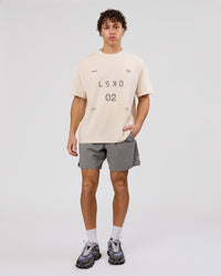 Man wearing Game Plan Heavyweight FLXCotton Oversized Tee - Vanilla Bean | Model:Leandro | Size:M | Thumbnail Index: 4