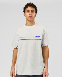Man wearing Inline Heavyweight FLXCotton Oversized Tee - Silver Marl-Power Cobalt | Model:Leandro | Size:M | Thumbnail Index: 4