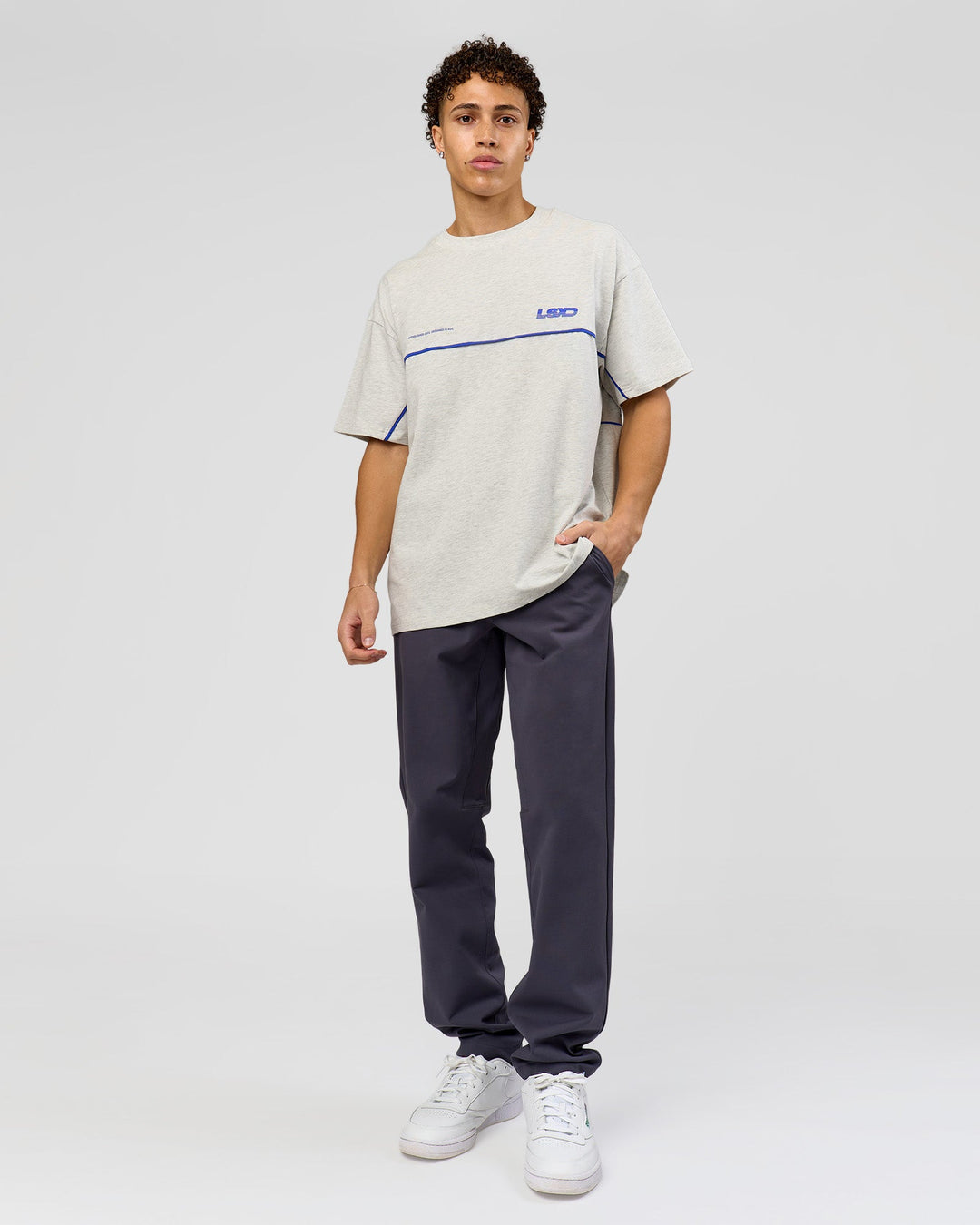Man wearing Inline Heavyweight FLXCotton Oversized Tee - Silver Marl-Power Cobalt | Model:Leandro | Size:M - view 7