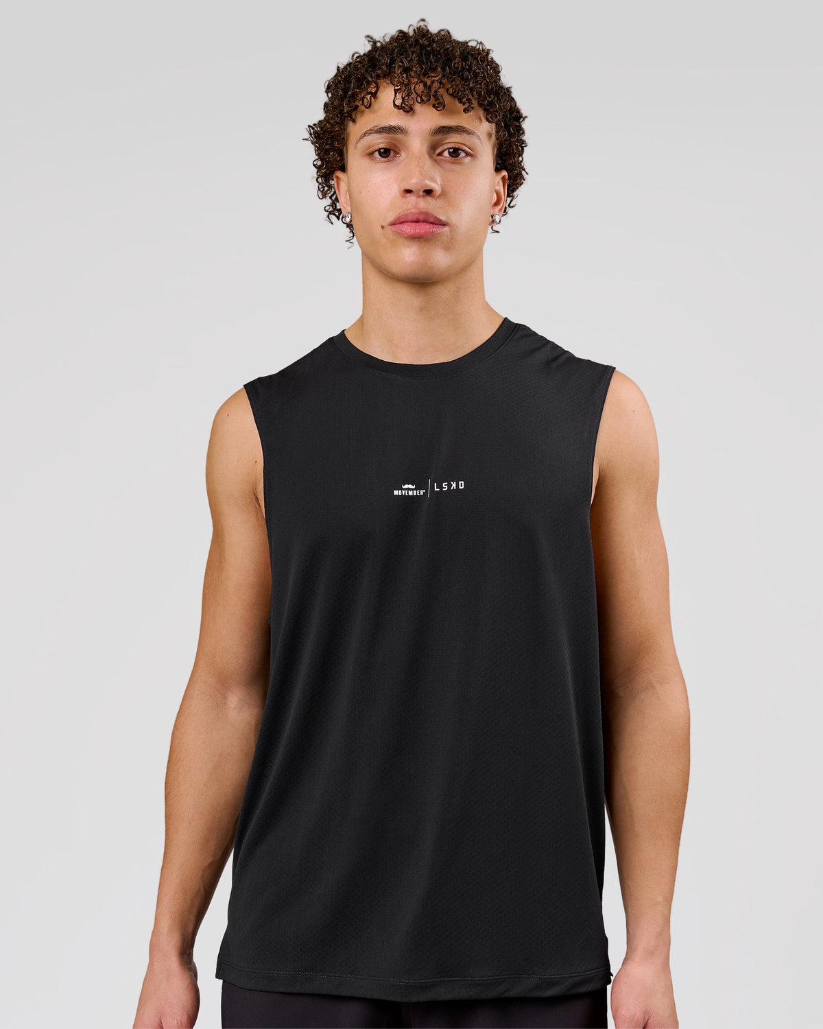 Man wearing Movember x LSKD Rep Muscle Training Tank - Black | Model:Leandro | Size:M - view 2