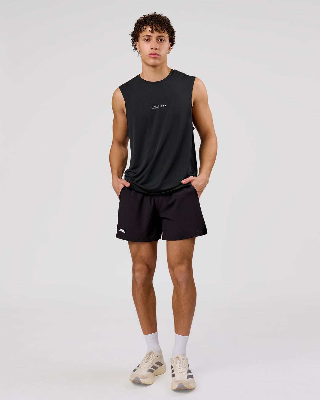 Man wearing Movember x LSKD Rep Muscle Training Tank - Black | Model:Leandro | Size:M - view 3