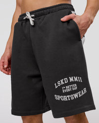 Man wearing Playbook Varsity Fleece Shorts - Onyx-Off White | Model:Leandro | Size:M | Thumbnail Index: 4