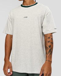 Man wearing Be Here Now Heavyweight FLXCotton Tee Oversize - Silver Marl-Midnight Green | Model:Malebo | Size:M | Thumbnail Index: 3