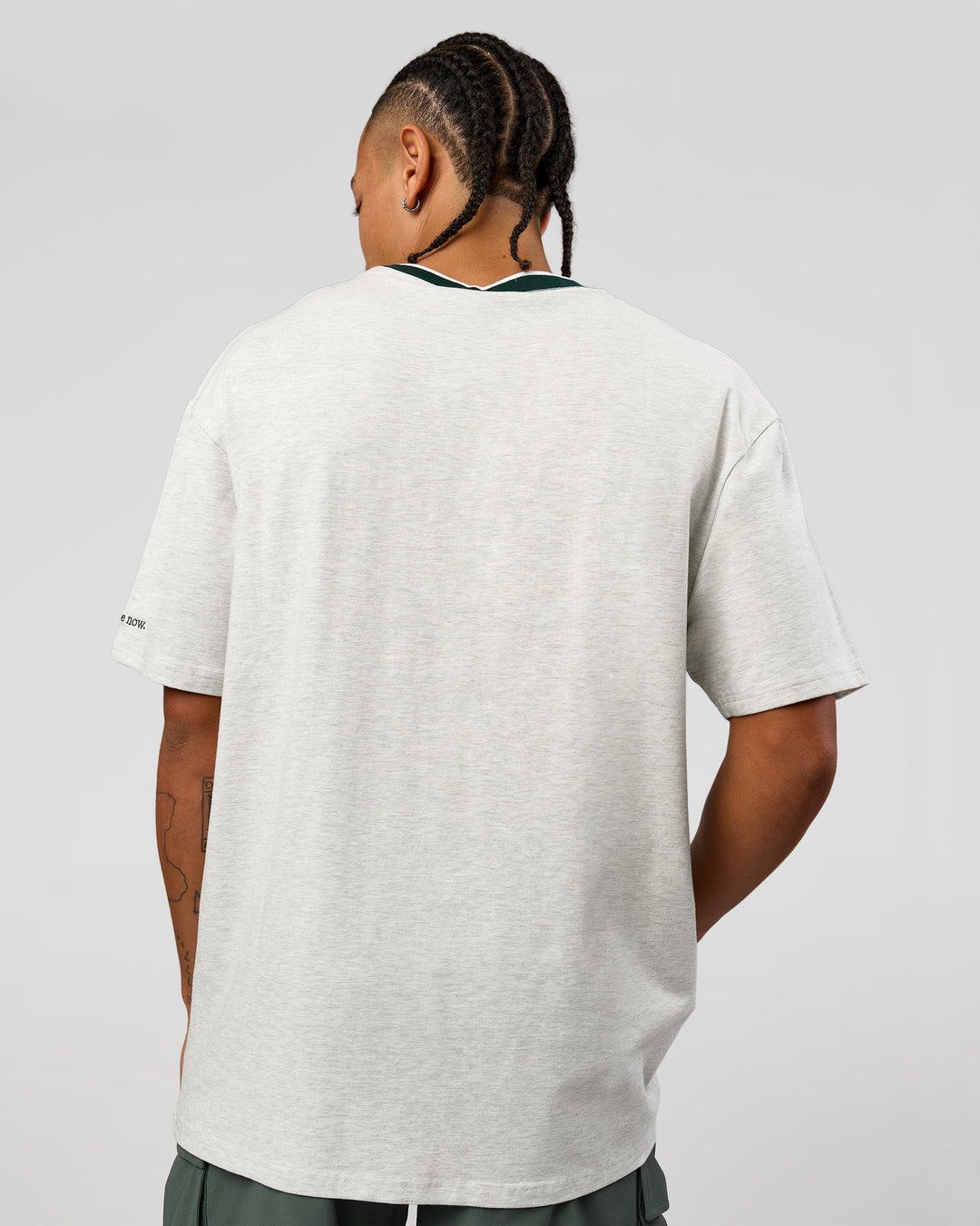 Man wearing Be Here Now Heavyweight FLXCotton Tee Oversize - Silver Marl-Midnight Green | Model:Malebo | Size:M - view 5