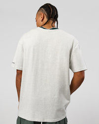 Man wearing Be Here Now Heavyweight FLXCotton Tee Oversize - Silver Marl-Midnight Green | Model:Malebo | Size:M | Thumbnail Index: 4