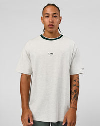 Man wearing Be Here Now Heavyweight FLXCotton Tee Oversize - Silver Marl-Midnight Green | Model:Malebo | Size:M | Thumbnail Index: 2
