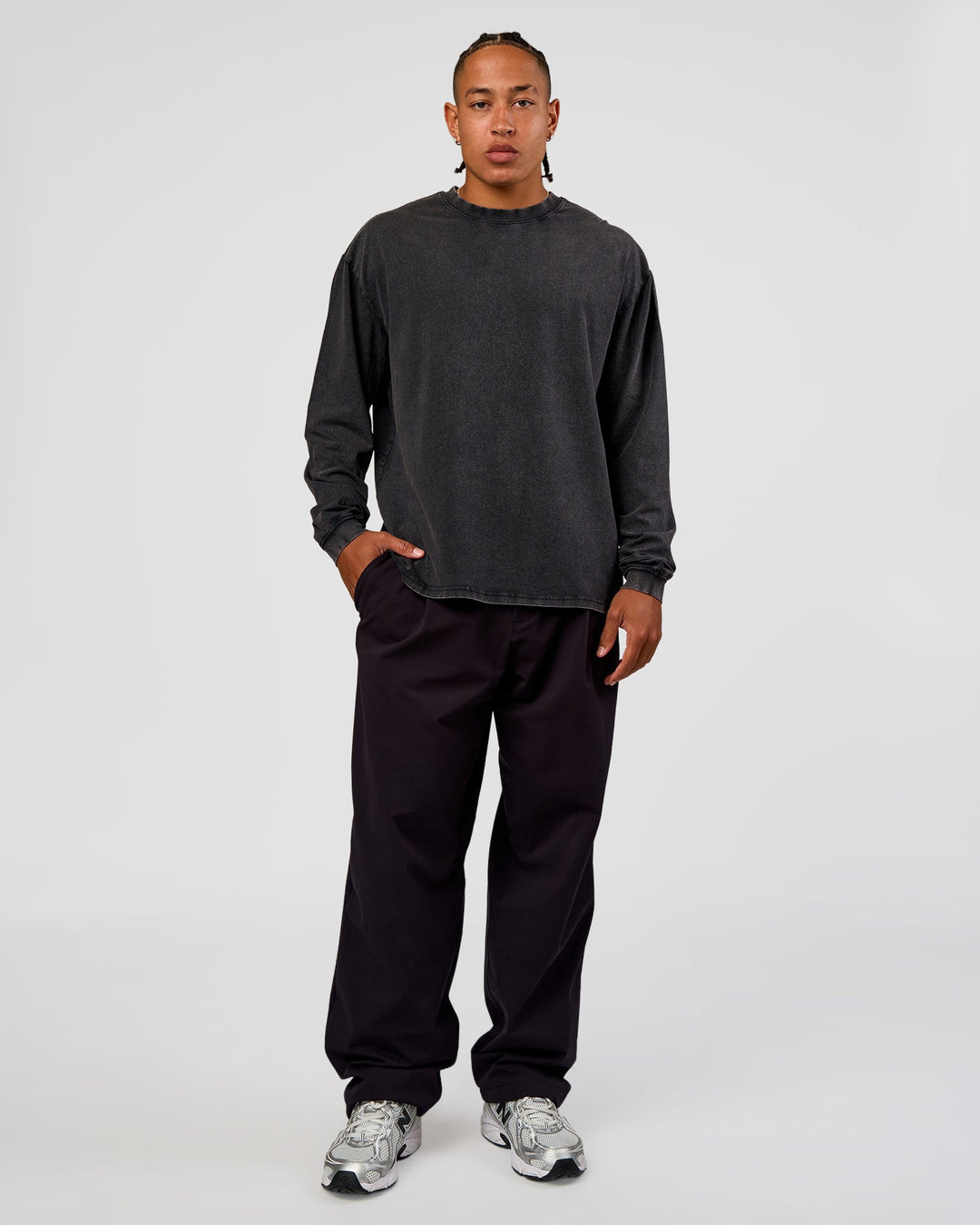 Man wearing Clear Vision Heavyweight FLXCotton Oversized LS Tee - Black Washed-Black | Model:Malebo | Size:M - view 3