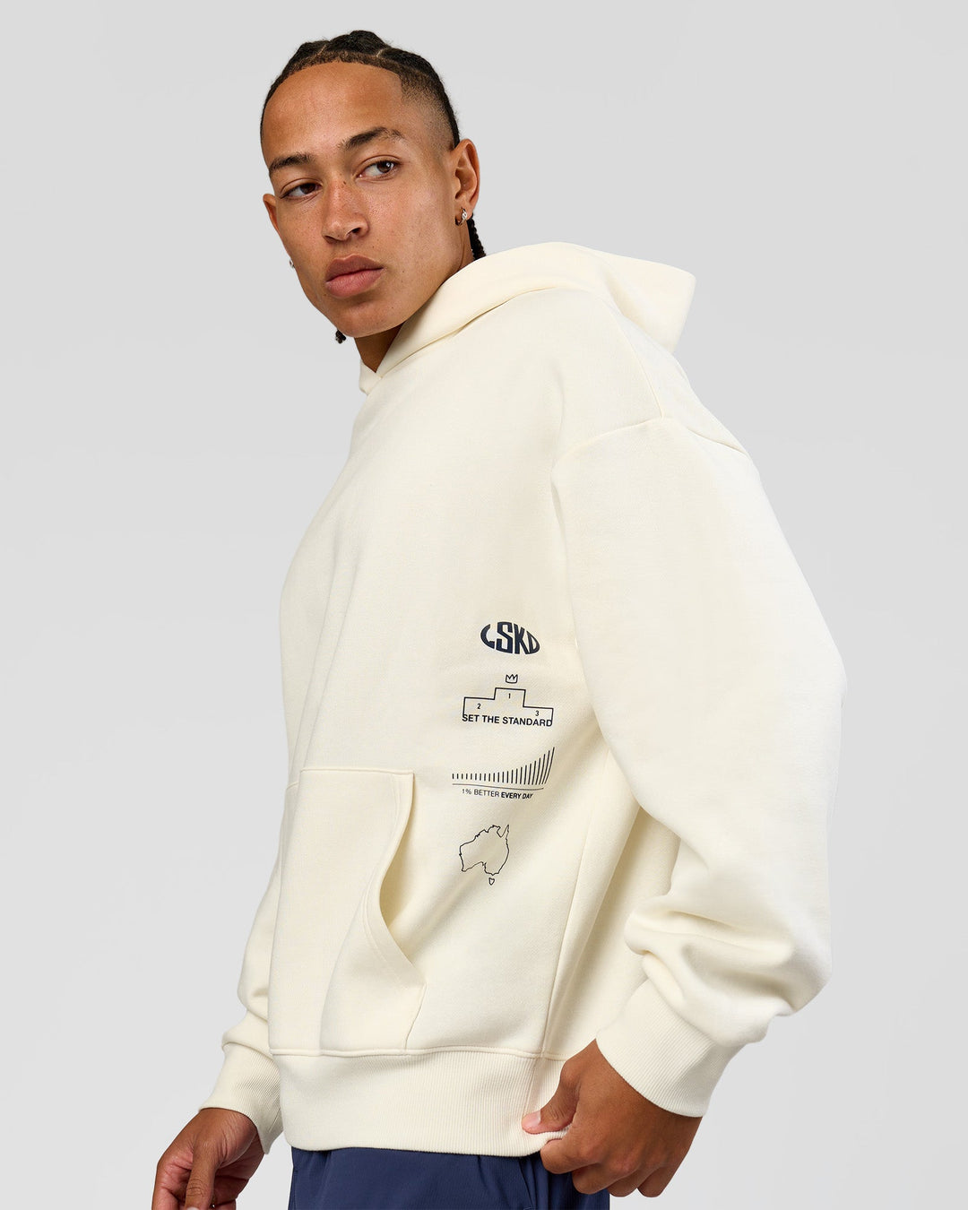 Man wearing Greatest of All Time Heavyweight Oversized Hoodie - Off White | Model:Malebo | Size:M - view 4