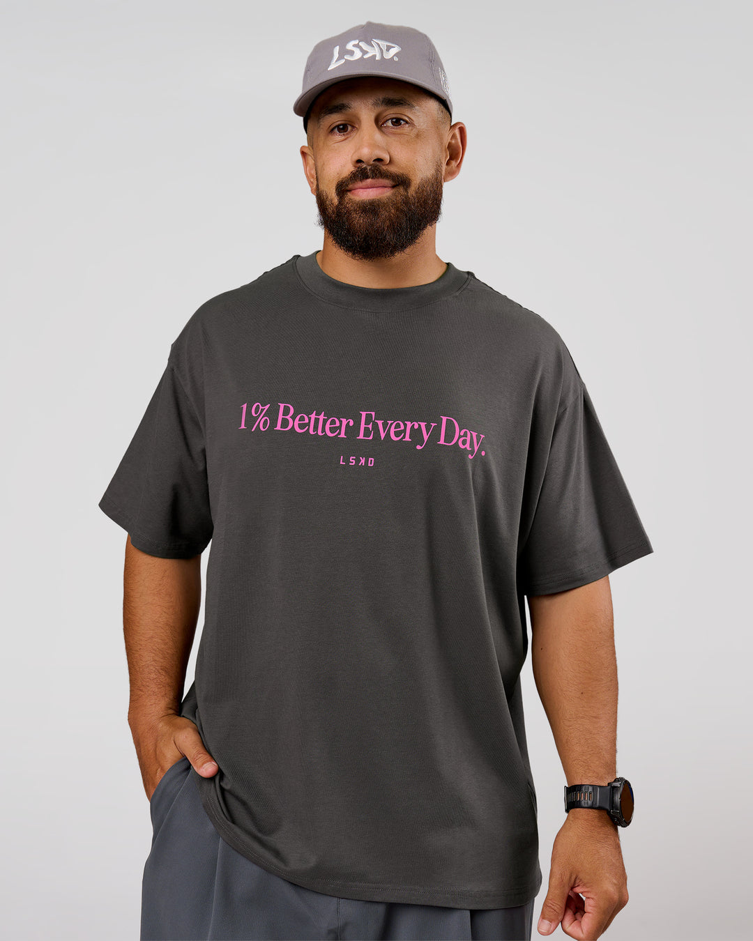 Man wearing VS6 1% Better Fathers Day FLXCotton Oversized Tee - Dark Storm | Model:Jordan | Size:XL - view 3