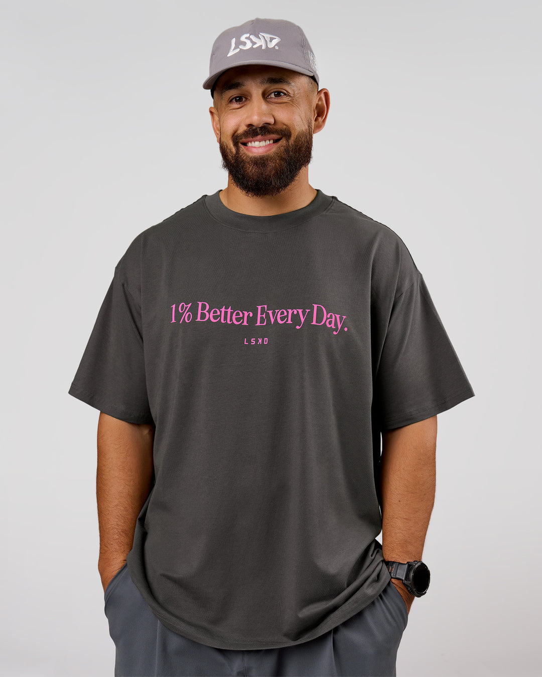 Man wearing VS6 1% Better Fathers Day FLXCotton Oversized Tee - Dark Storm | Model:Jordan | Size:XL - view 12
