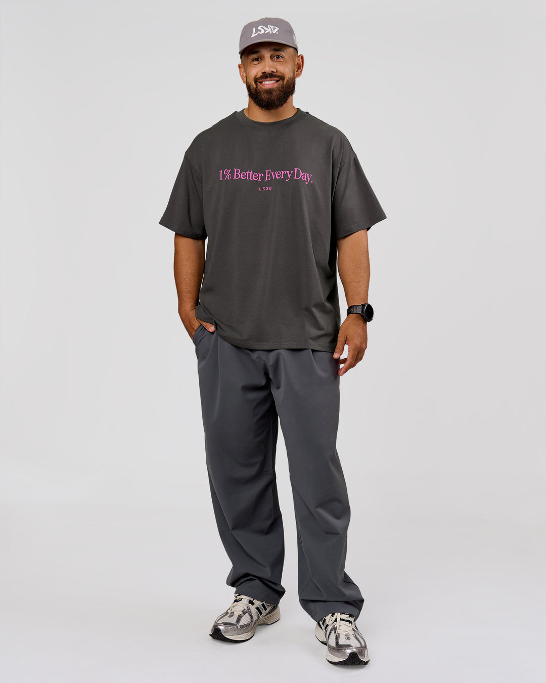 Man wearing VS6 1% Better Fathers Day FLXCotton Oversized Tee - Dark Storm | Model:Jordan | Size:XL - view 15