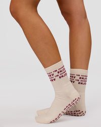 Studio image of Enjoy the Journey Pilates Grip Socks - Off White-Plum Caspia | Thumbnail Index: 2