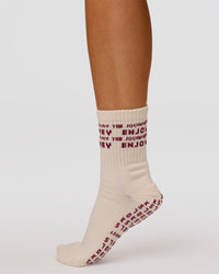 Studio image of Enjoy the Journey Pilates Grip Socks - Off White-Plum Caspia | Thumbnail Index: 1