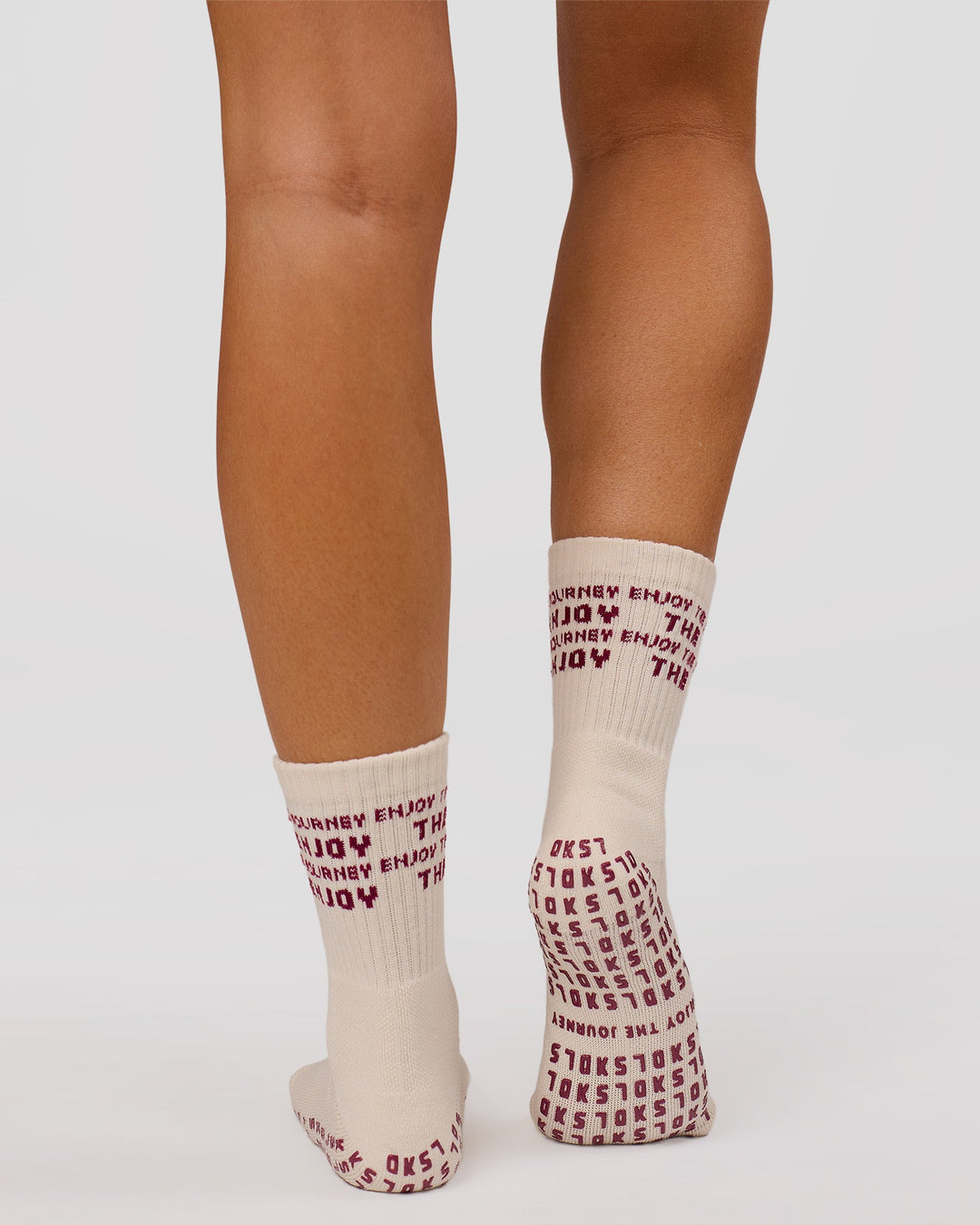 Studio image of Enjoy the Journey Pilates Grip Socks - Off White-Plum Caspia - view 1