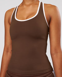 Woman wearing Flow Rep Scoop Neck Tank - Hot Chocolate-White | Model:Jordan | Size:XS | Thumbnail Index: 1