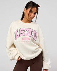 Woman wearing Varsity Boxy Crew - Off White-Pink Rose | Model:Bianca | Size:L