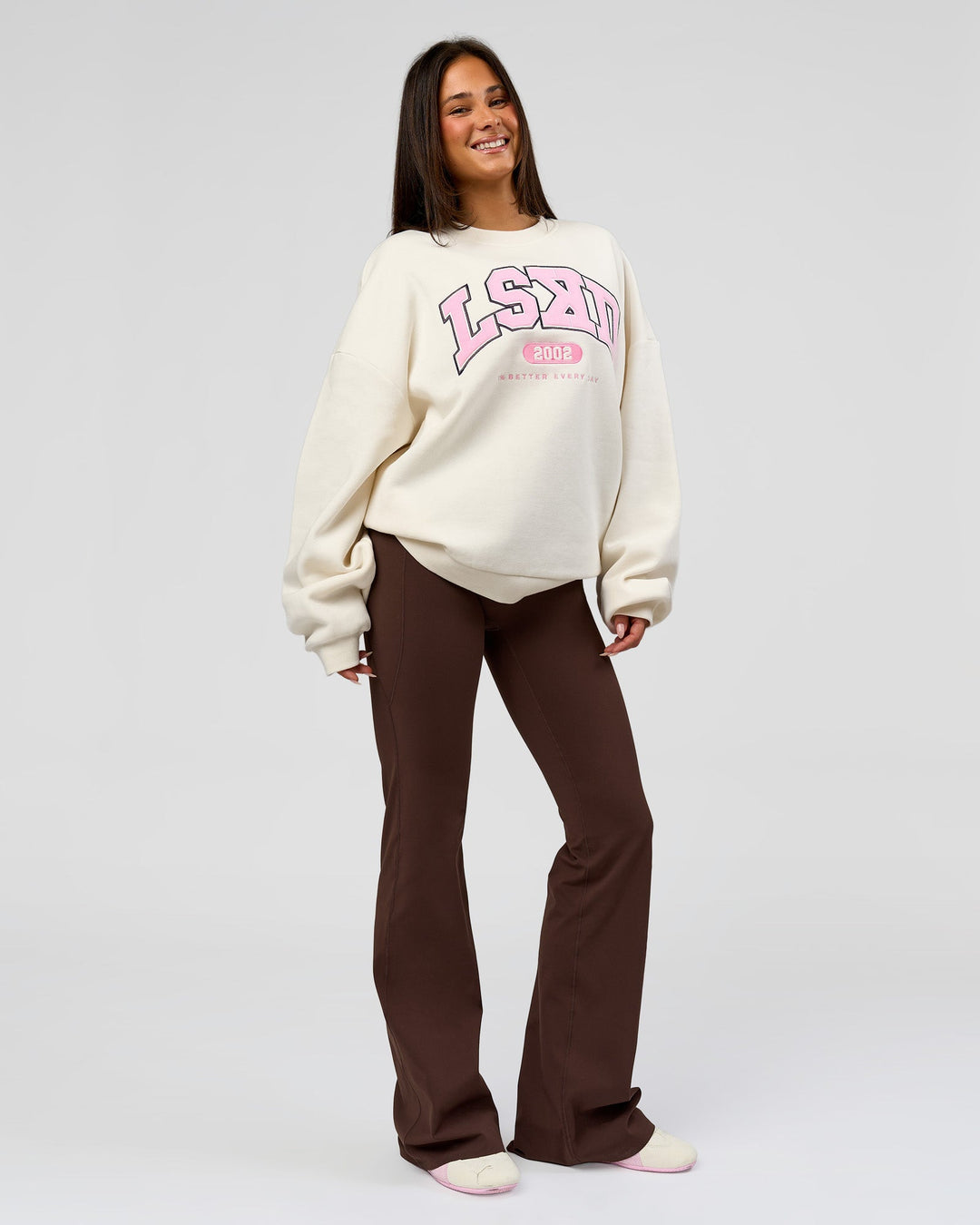 Woman wearing Varsity Boxy Crew - Off White-Pink Rose | Model:Bianca | Size:L