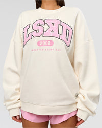 Woman wearing Varsity Boxy Crew - Off White-Pink Rose | Model:Bianca | Size:L